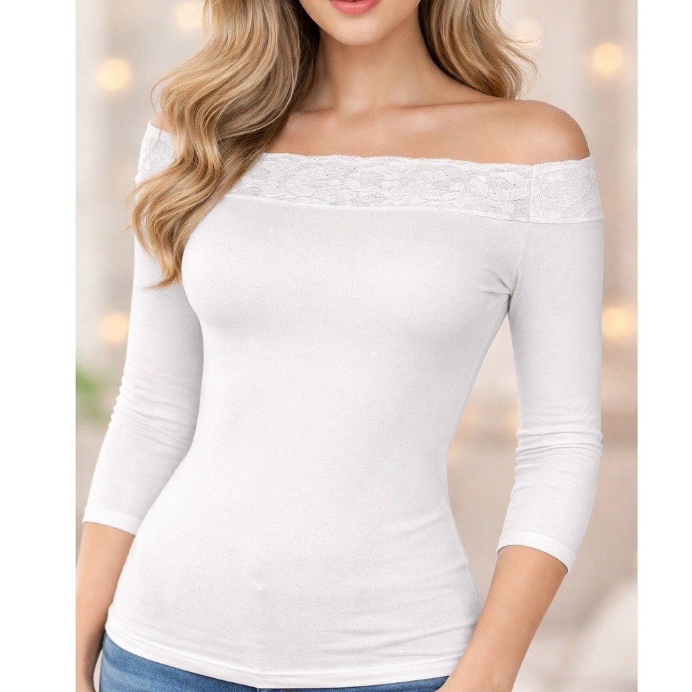 Tops White Women Large Blouse‎ Off-The-Shoulder Lace Top